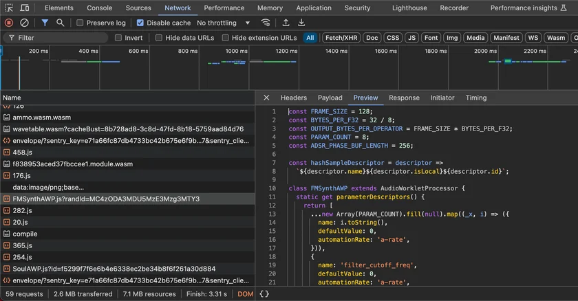 A screenshot of Chrome Devtools showing a request for a file called FMSynthAWP.js selected in the network inspector.  The start of that JavaScript file is visible on the right side in the preview pane.