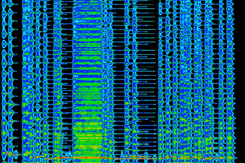 A screenshot of the spectrogram, visualizing the harmonic content of FM synthesizer's output audio
