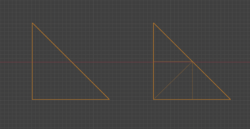 A screenshot of Blender showing a triangle on the left and another triangle on the right that has undergone 2 rounds of subdivision by splitting its longest edge.  It now consists of 4 smaller triangles that take up the exact same original as the original one.