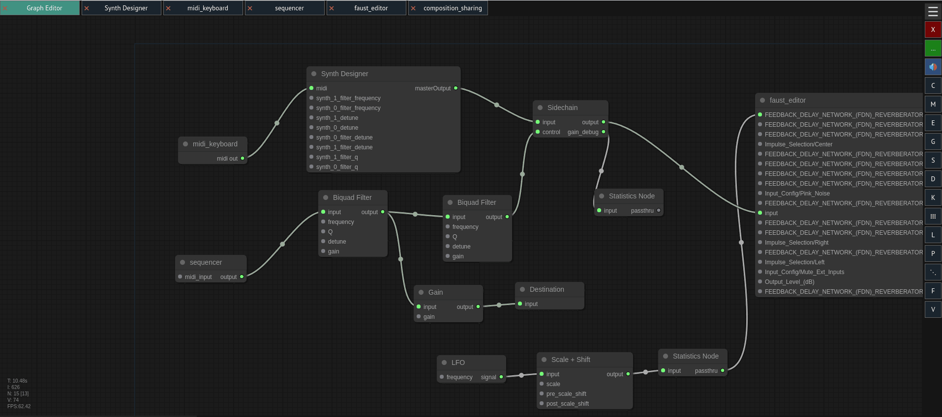 A screenshot of my online MIDI editor's UI showcasing drawn MIDI notes and controls for the synthesizer that plays when they are drawn and selected.
