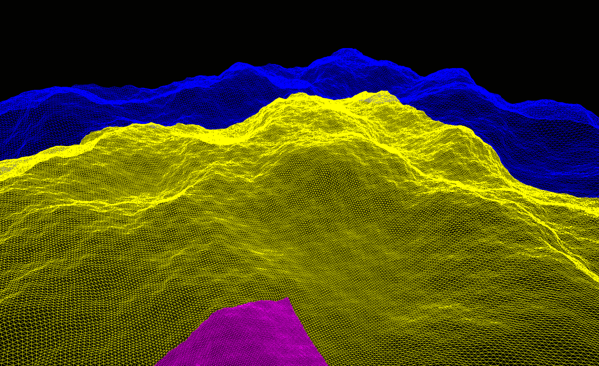 A screenshot of a debug view of the LOD terrain system.  It shows some procedurally generated terrain rendered as a wireframe with different colors representing different levels of detail.