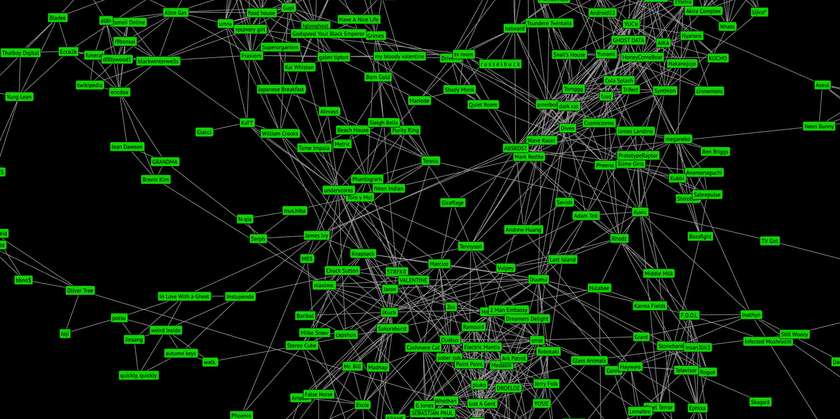 A screenshot of the 2D graph of my personal top artists and their relationships from Spotifytrack