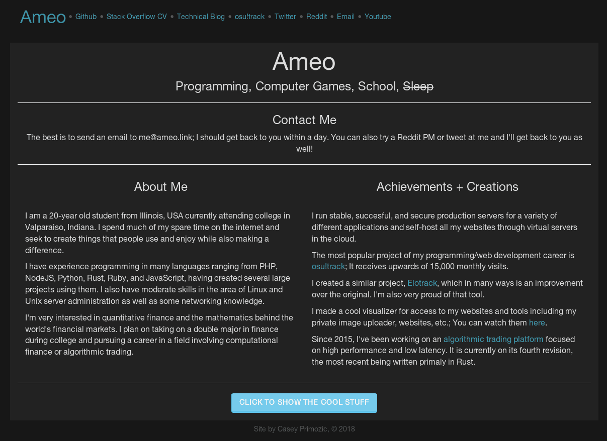 A screenshot of the old ameobea.me homepage
