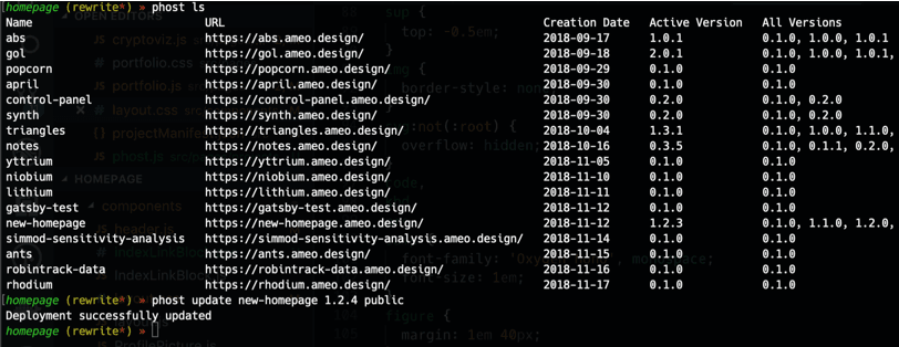 A screenshot of the command line after running two phost commands for listing existing deployments and updating the deployment for the development version of this website.