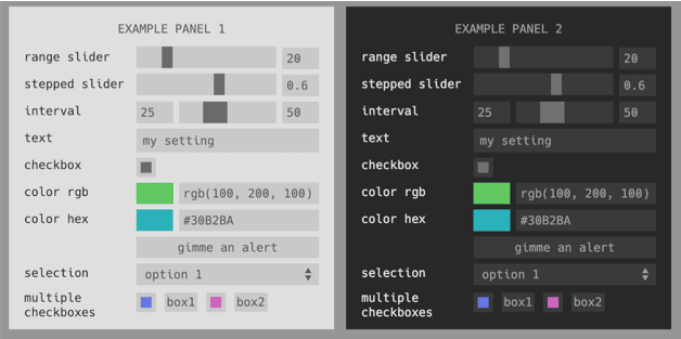 A screenshot of the react-control-panel UI showing two programmatically generated control panels using the light and dark color themes