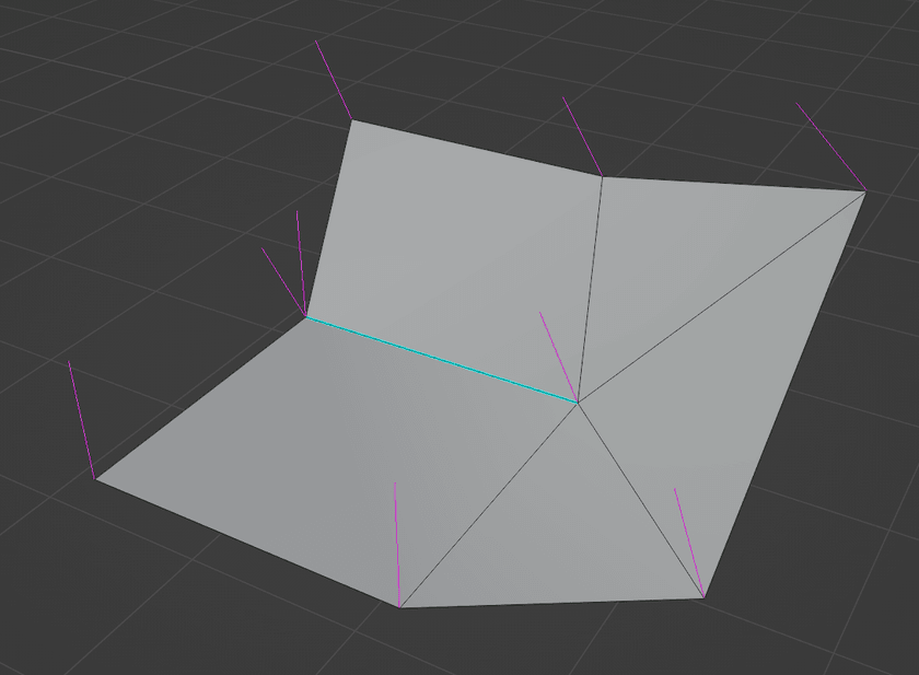 A screenshot of a mesh in Blender in edit mode. The mesh consists of a polygon with a single central vertex with edges to all the outer vertices. One edge is marked in cyan to indicate that it's sharp. There are magenta lines coming out of the vertices which represent the computed split/loop normals. All vertices have a single magenta line except the outer vertex of the sharp edge which has two.