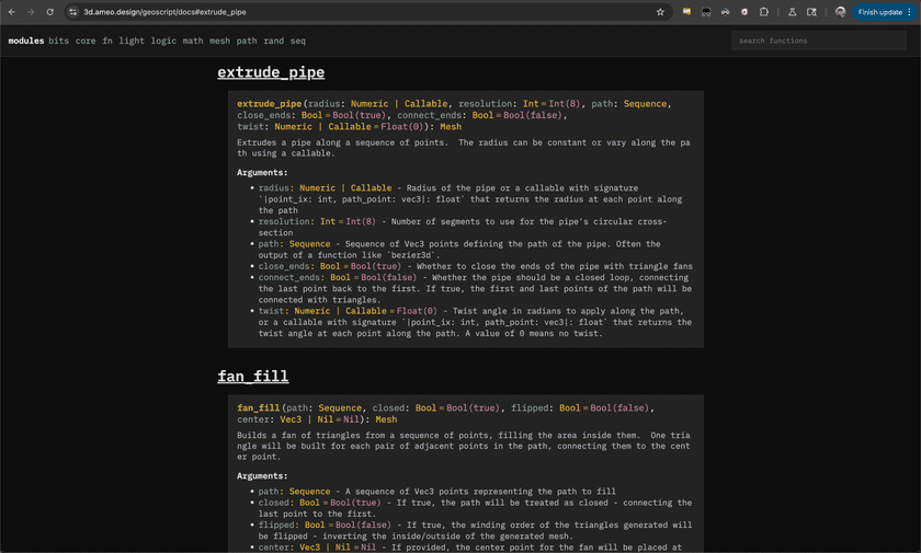 A screenshot of the auto-generated Geotoy builtin function docs showing docs for the extrude_pipe and fan_fill functions.