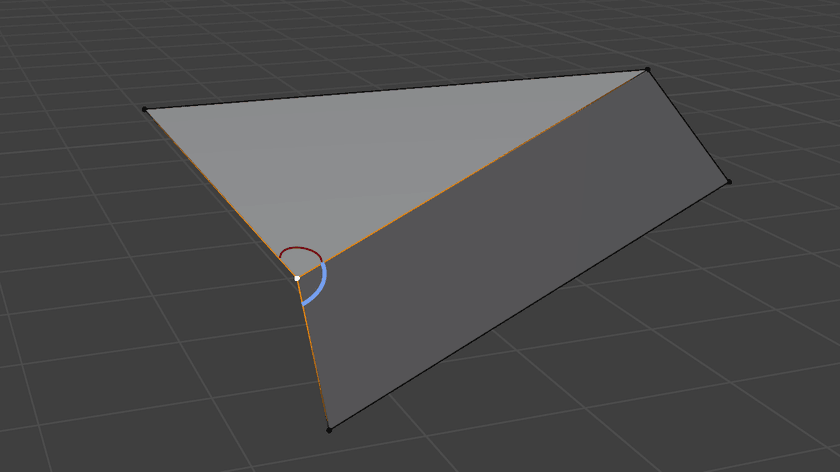 A screenshot of a mesh rendered in Blender.  There is one vertex selected which is shared by 3 edges and 2 faces.  The angles between the edges that share the vertex of those faces are marked with a red and a blue arc respectively to help demonstrate what the vertex normals are weighted by.