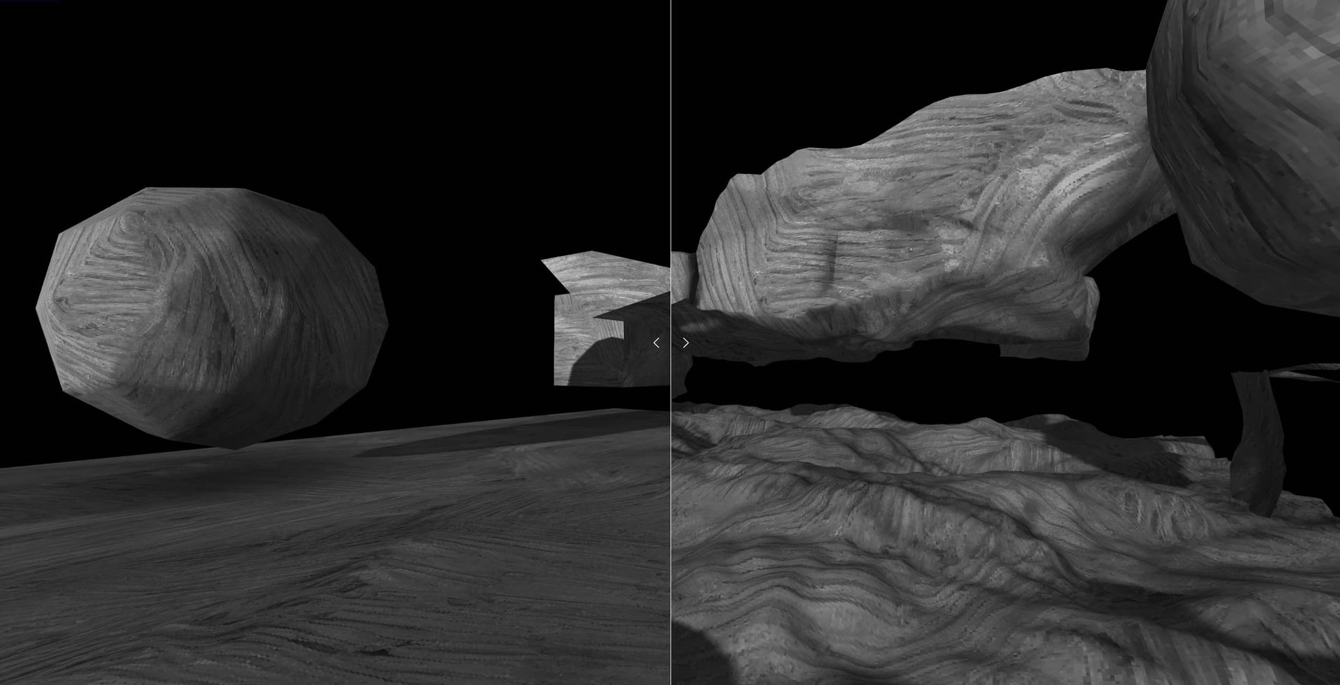 A side-by-side comparison of pre and post deformation versions of a scene rendered in Three.JS against a pure black background.  The scene consists of a gray rectangular platform with several geometric shapes hovering over it, colored with a gray stone or concrete-like material.  The left shows mostly rough and simple forms, while the right is much more organic-looking with lots of curves, warps, and shadows visible.