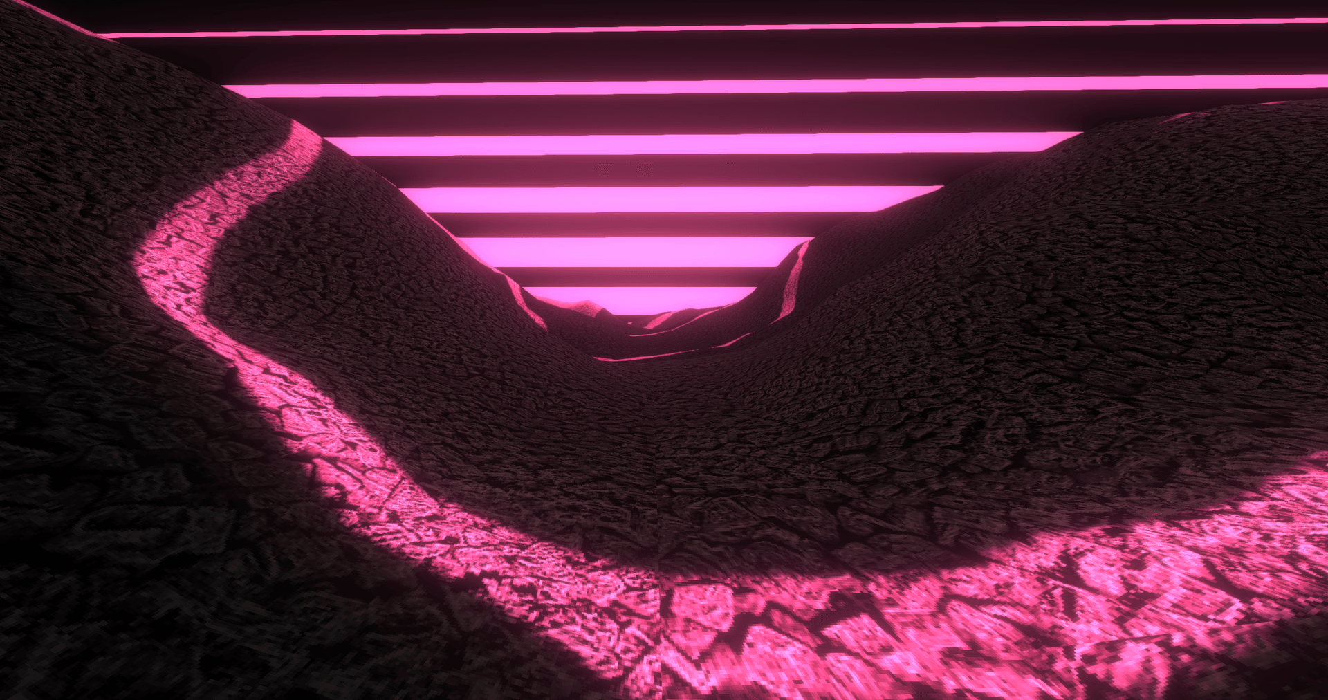 A screenshot of the pinklights scene.  It shows a bright panel in the background with dark slats over it which is casting long horizontal shadows over a rocky-looking pixelated ground.  There are some hills around the area and the camera is placed in a small valley.  It looks kind of like if you were inside a terrarium.