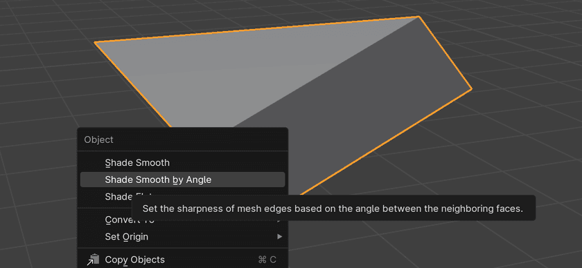 A screenshot of the Blender UI showing the right-click menu on a mesh in object mode with the "Shade Smooth by Angle" option highlighted.  There is a tooltip displayed with the text "Set the sharpness of mesh edges based on the angle between the neighboring faces".