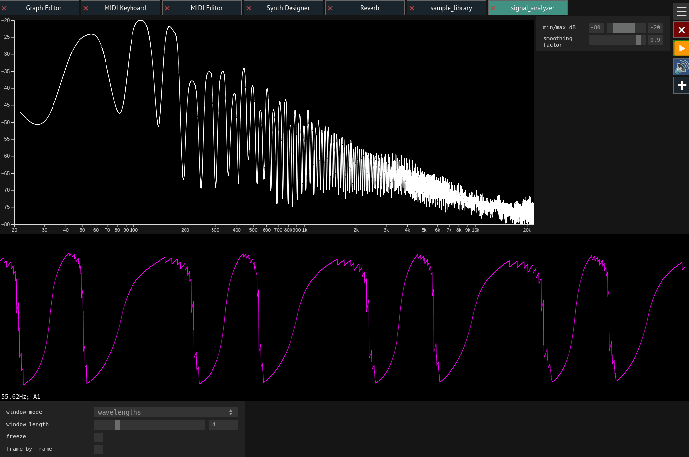 A screenshot of the signal analyzer module in web synth.  It shows a spectrogram rendered as a white line on top, and an oscilloscope rendered as a magenta line on the bottom.  The spectrogram shows a complex spectrum with lots of harmonics, tapering off into the higher frequencies. The oscilloscope shows a distorted supersaw waveform.