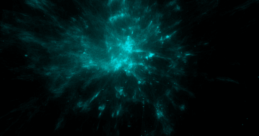 A screenshot of a 3D embedding visualization created while building the Music Galaxy project.  It shows a complex web of blue-colored spheres and with lots of variations in density and structure.  There are some small, dense cores with lots of fronds and lobes reaching outwards.