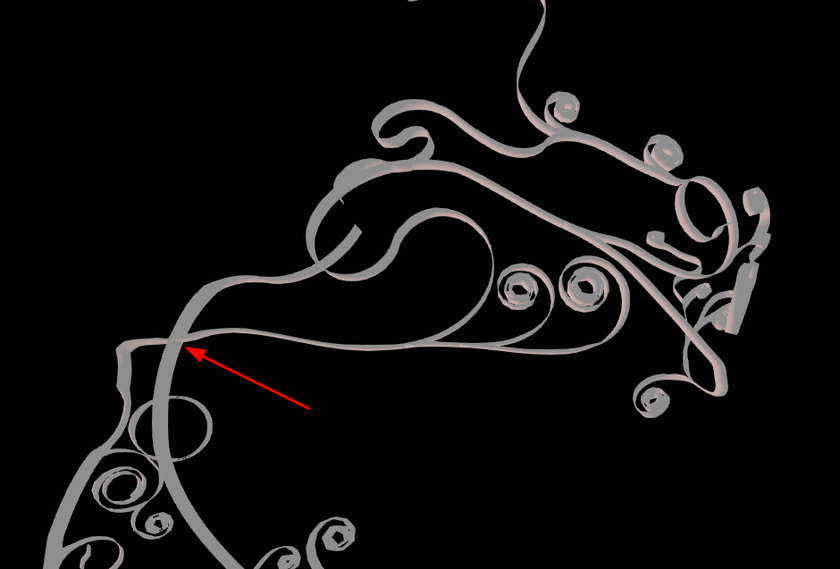 Screenshot of the result of the geodesic path walking algorithm using graph traversal.  There is a red arrow pointing to a spot where the mapped mesh intersects itself