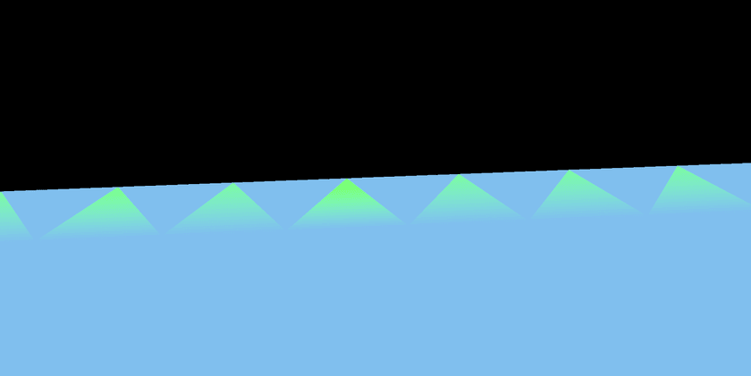 A screenshot of a zoomed-in section of a mesh in Blender rendered with MeshNormalMaterial  There are clear triangular artifacts along the edge of the mesh where the computed normals are incorrect, leading to a green zigzag of incorrectly shaded triangles to appear along the correctly shaded blue background.
