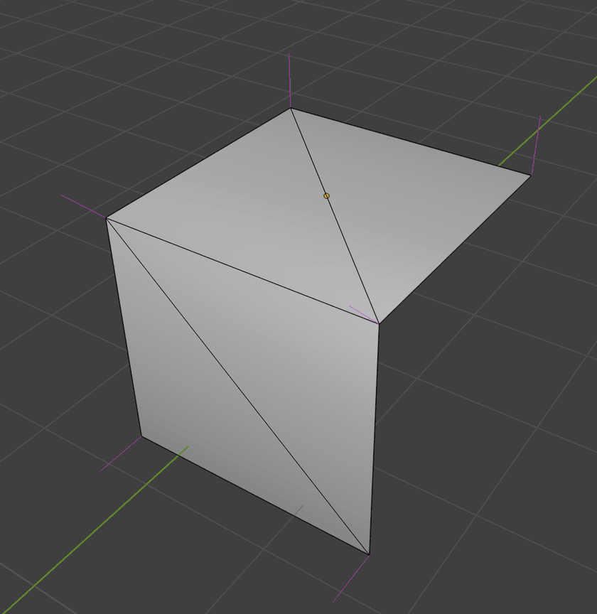 A screenshot of a mesh consisting of two square faces joined together at a right angle like a hinge rendered in Blender.  It has been triangulated, showing that the two vertices making up the hinge edge are shared by a total of 4 edges each.