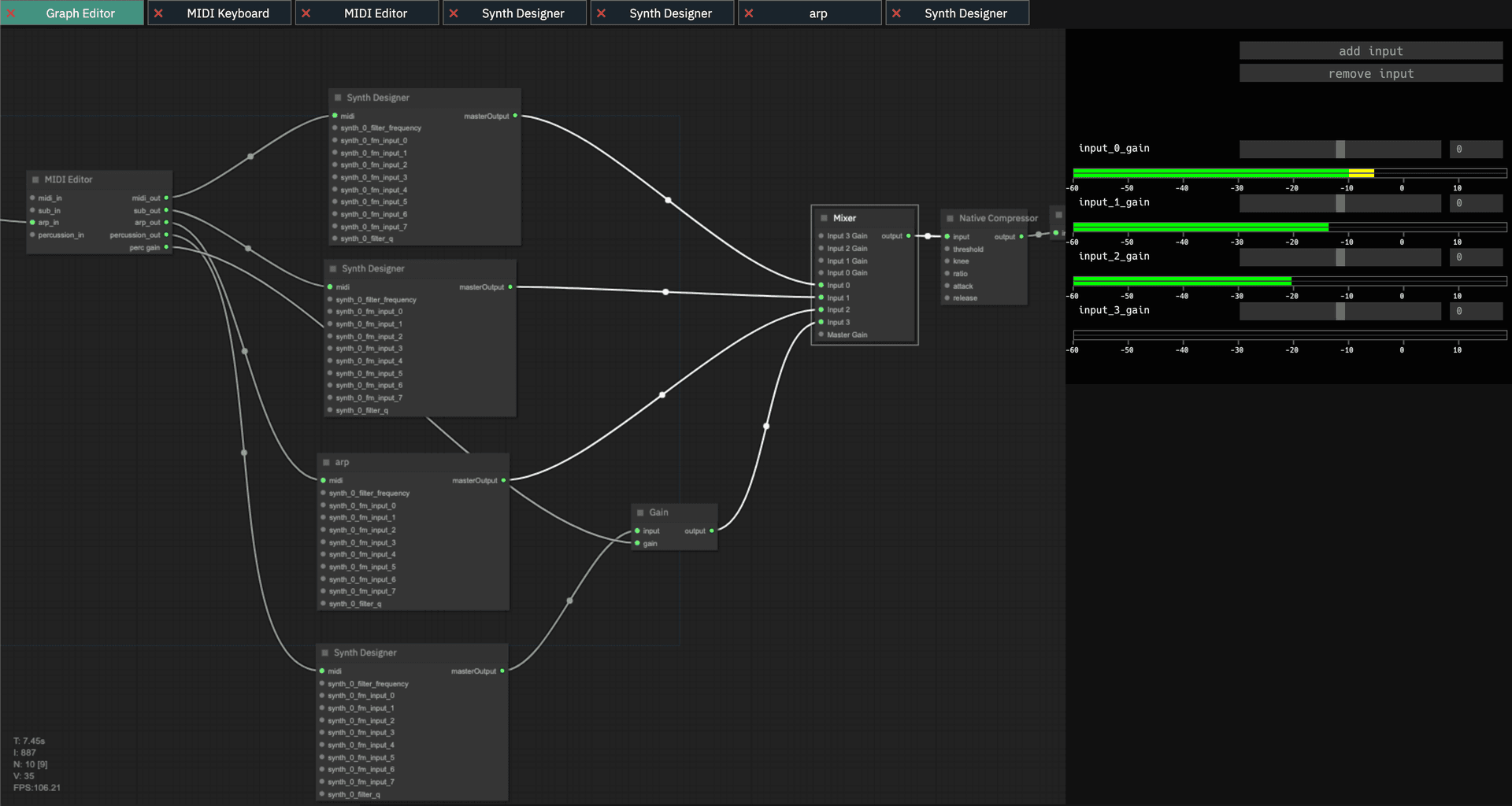 Combined screenshots of the Web Synth application showing the graph editor for the audio patch network and a part of the synth designer UI with envelope generators, param controls, and the FM synth modulation matrix