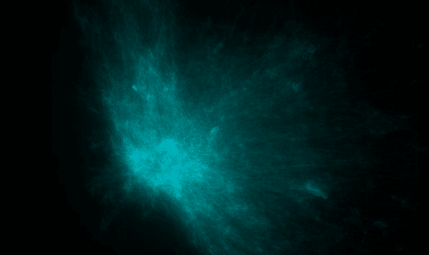 A screenshot of a 3D embedding visualization created while building the Music Galaxy project.  It shows a tangled mass of blue-ish lines and spheres in 3D space, slightly reminiscent of an elliptical galaxy.  There is a dense center that spreads out into a sort of cone shape.