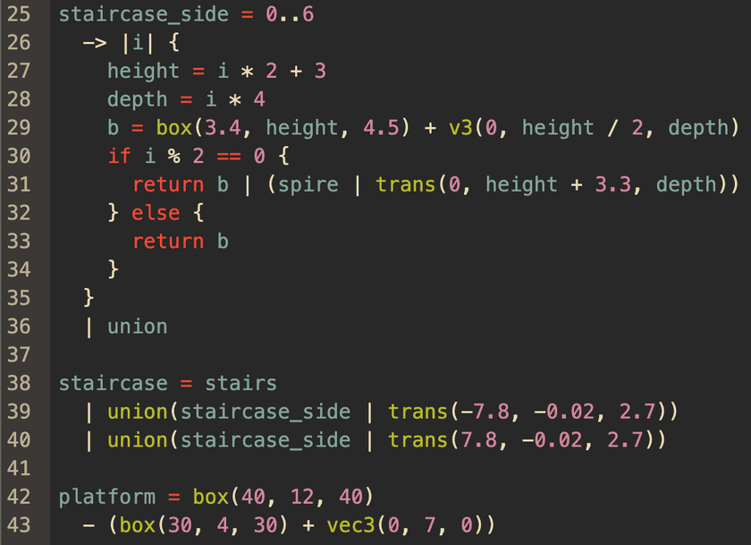 A screenshot of the Geotoy code editor showing some Geoscript code with syntax highlighting.  There are line numbers visible on the left side.