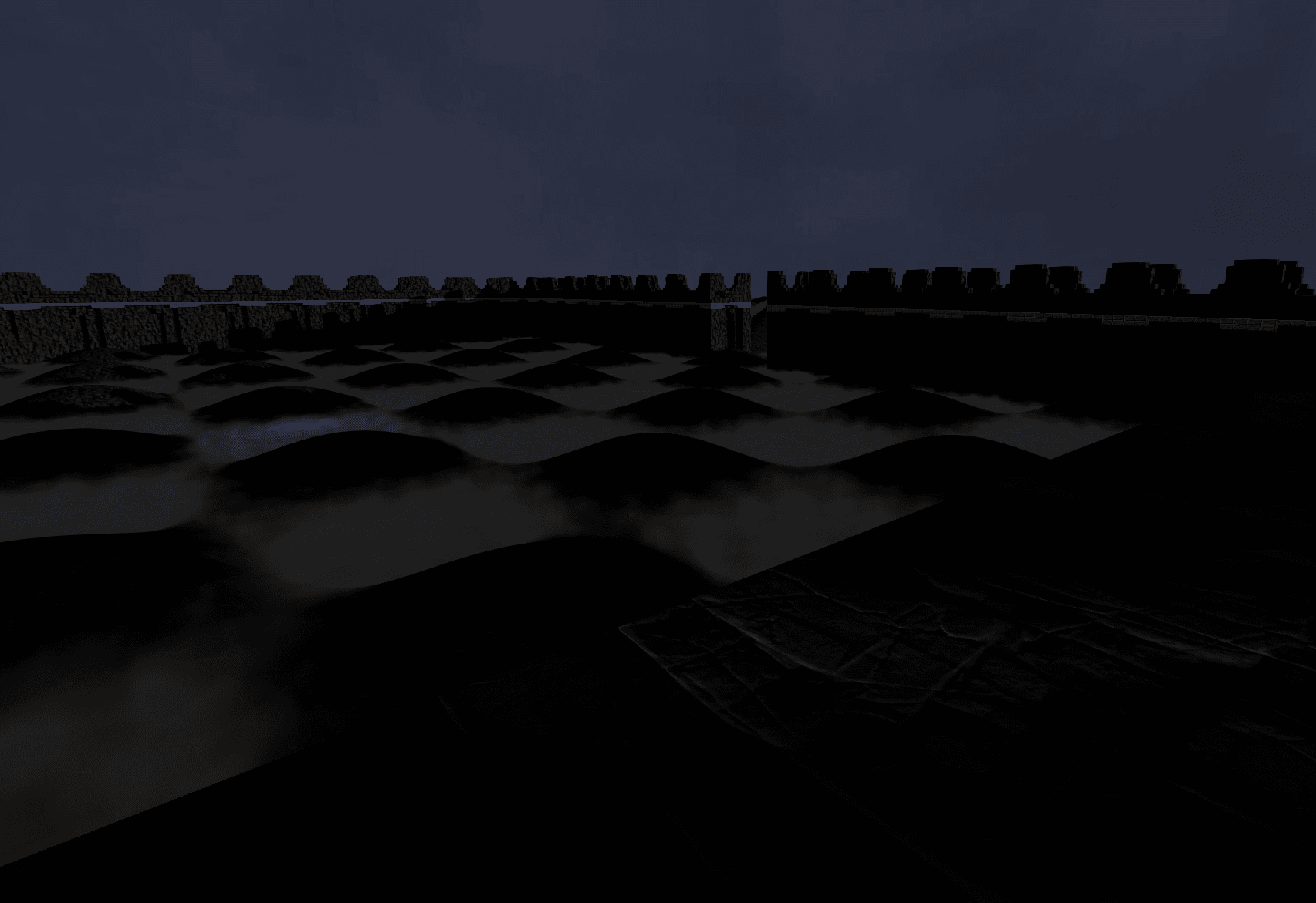 Screenshot of a scene rendered using Three.JS using the volumetric fog shader I developed.  The ground is made out of black rock and has hills in a checkerboard pattern. Gray-white fluffy fog is present in the low parts of the terrain, and there is a bright pink light shining on the fog's surface in one of the squares.  There is a stone wall surrounding the terrain, and the perspective of the scene is from on top of this wall.