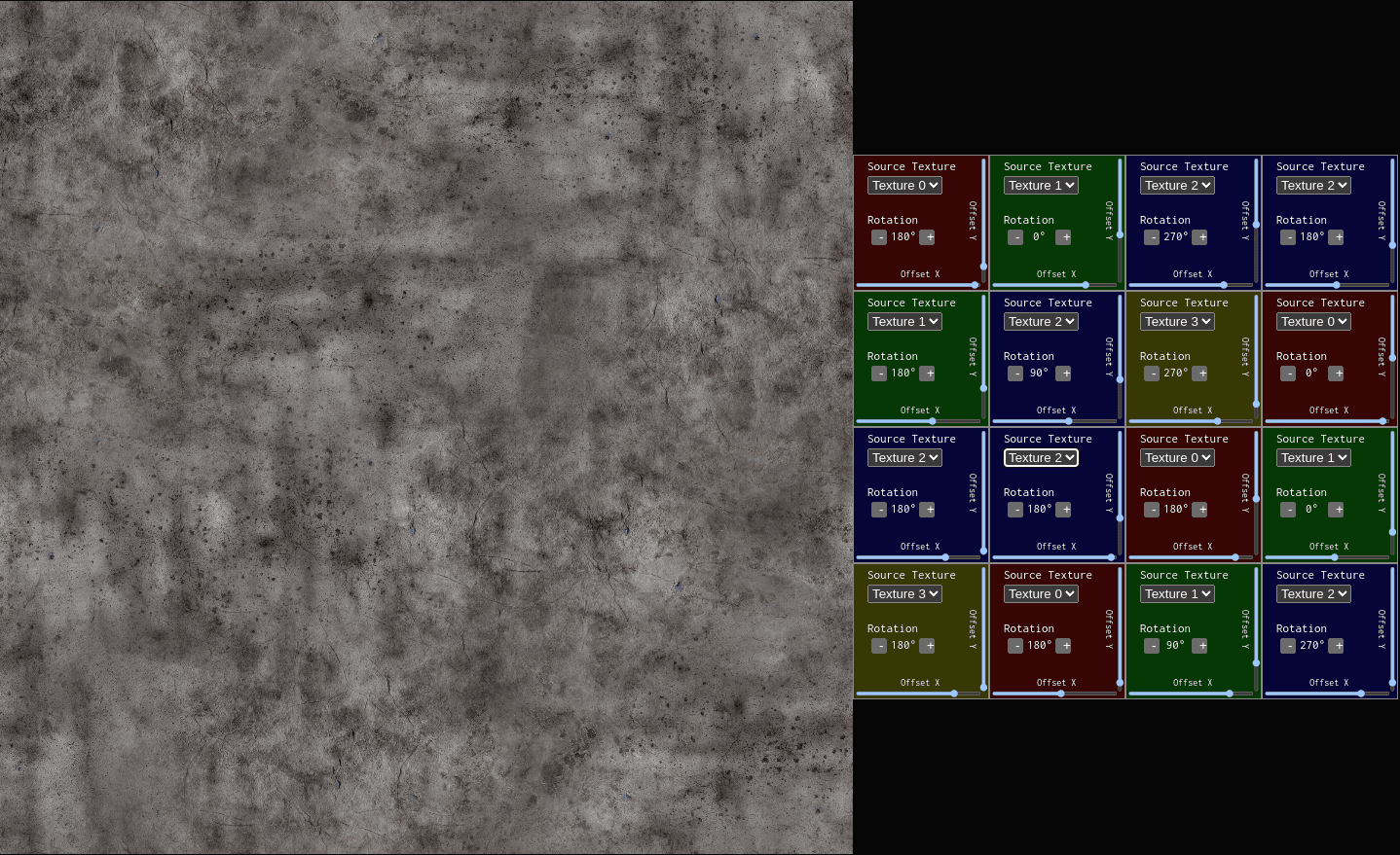 A screenshot of the seamless texture stitcher tool showing the UI on the right and a preview of the stitched texture on the left.  The stitched texture is a concrete pattern and it consists of 4 different concrete textures blended together while maintaining the seamless tiling.  The UI consists of a matrix of squares for controlling each of the sub-textures including selecting the source texture to use, rotating, and offsetting.