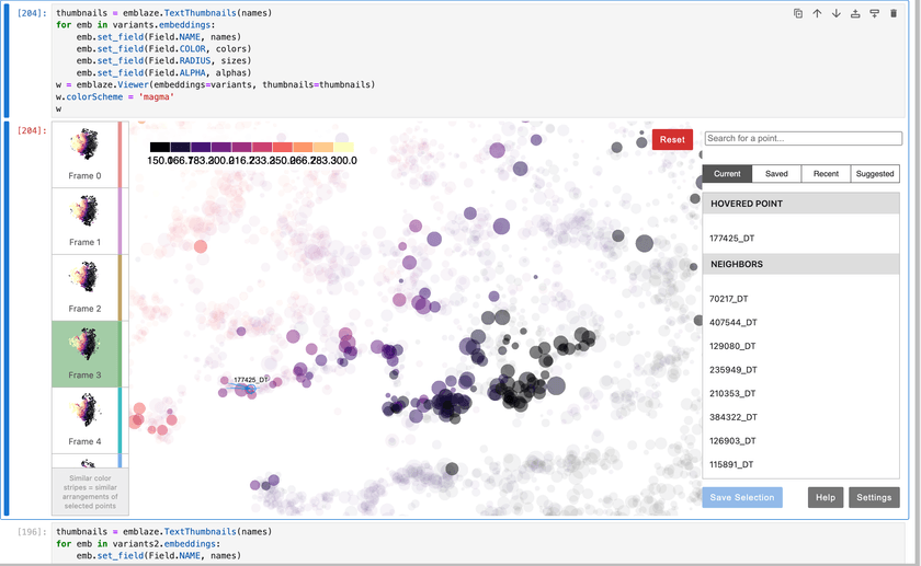 A screenshot of the Emblaze UI embedded in a Jupyter notebook running in the web browser.  The screenshot shows a 2D embedding visualization showing many circles of various colors and sizes arrayed across a white background.  There are minimap previews on the left side showing small images of alternative embedding versions that can be switched between.  The right side shows details about the hovered point and the IDs of its nearest neighbors.  There are small blue lines extending out from the selected point to those neighbors in the embedding.