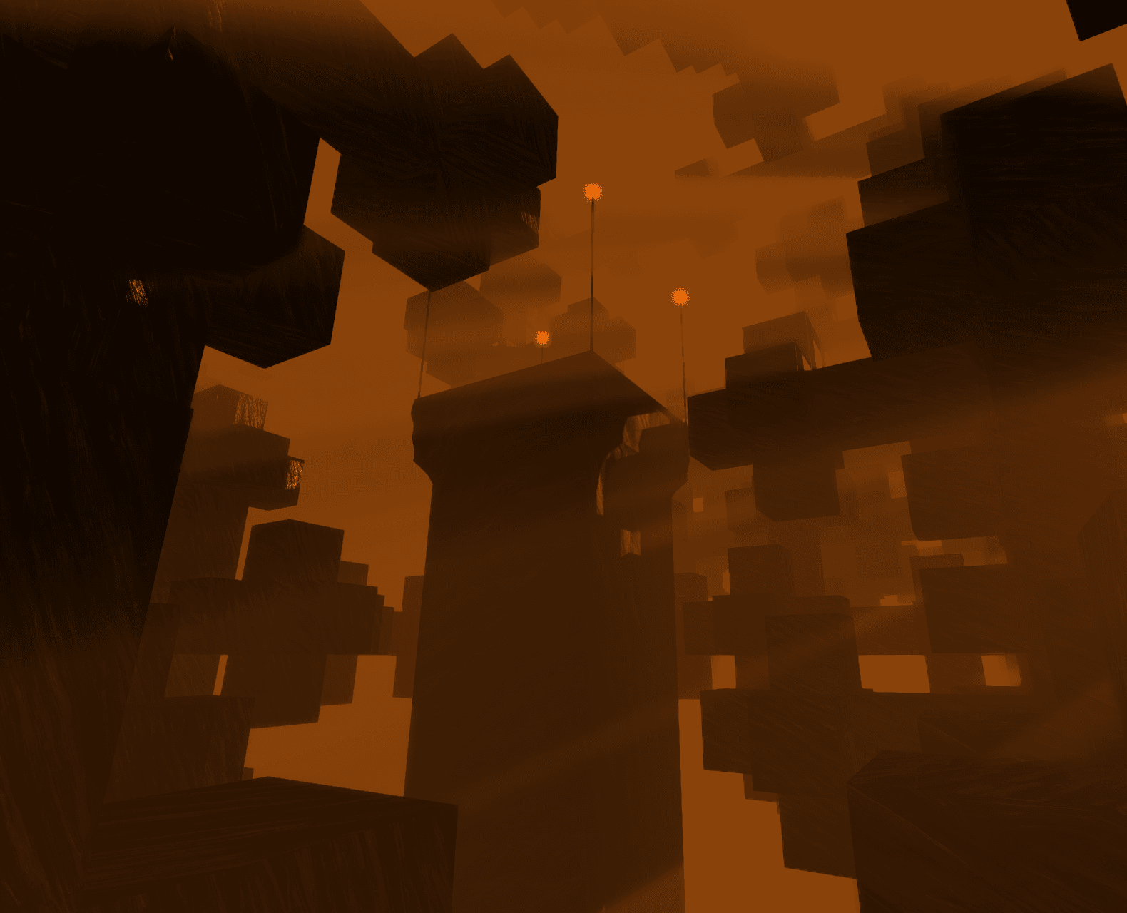 A screenshot of the smoke level.  Shows intense orange fog and godrays, floating fractal structures composed out of large dark cubes with stone-like texturing and patterns, and four orange/yellow lights glowing in the distance supported by long poles.