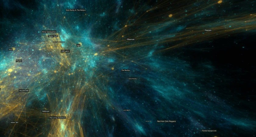 A screenshot of the music galaxy showing off a broad view of the pretty structure from a distant viewpoint