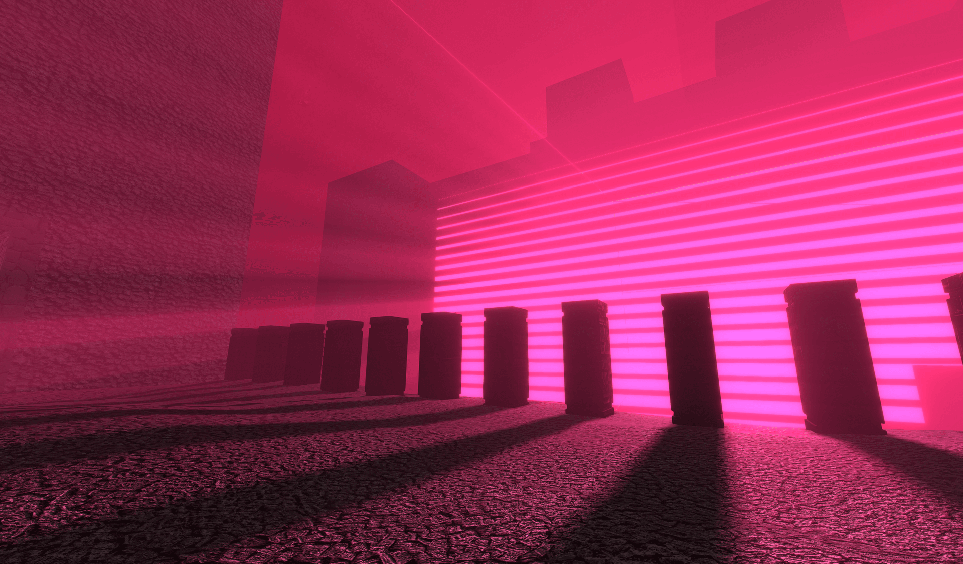 A screenshot of the three-good-godrays demo showing a scene with volumetric lighting and godrays.  A bright pink light shines through a vertical array of black slats set in the side of a huge indistinct black structure in the background.  There are very prominent and intense godrays in the air, giving it the appearance of being very humid or smokey.  The ground is rock and there are black pillars casting long and stark shadows across it.
