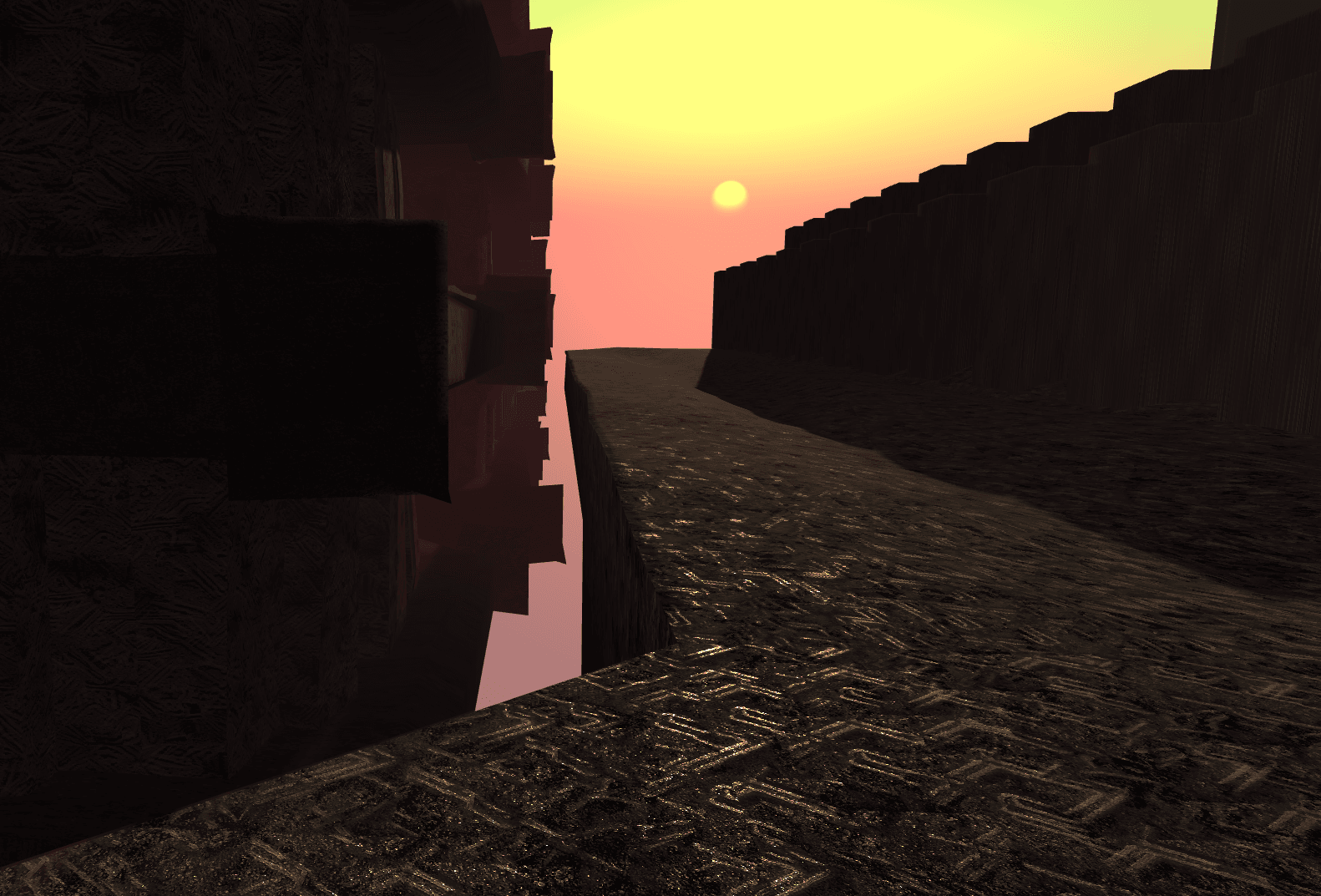 A screenshot of the bridge scene.  It shows a pastel-colored sky in the background with a yellow sun disc.  There are some floating geometric monoliths on the left, and some dark wall-like structures on the right casting prominent shadows.  The ground looks to be rocky with embedded metal that reflects golden in the light.