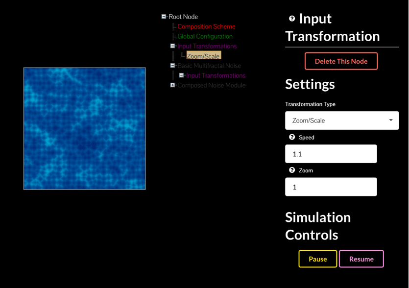 A screenshot of the noise compositor UI showing the composition tree, settings for an input transformation that zooms and scales its input, and the output of the composited and colorized noise function.