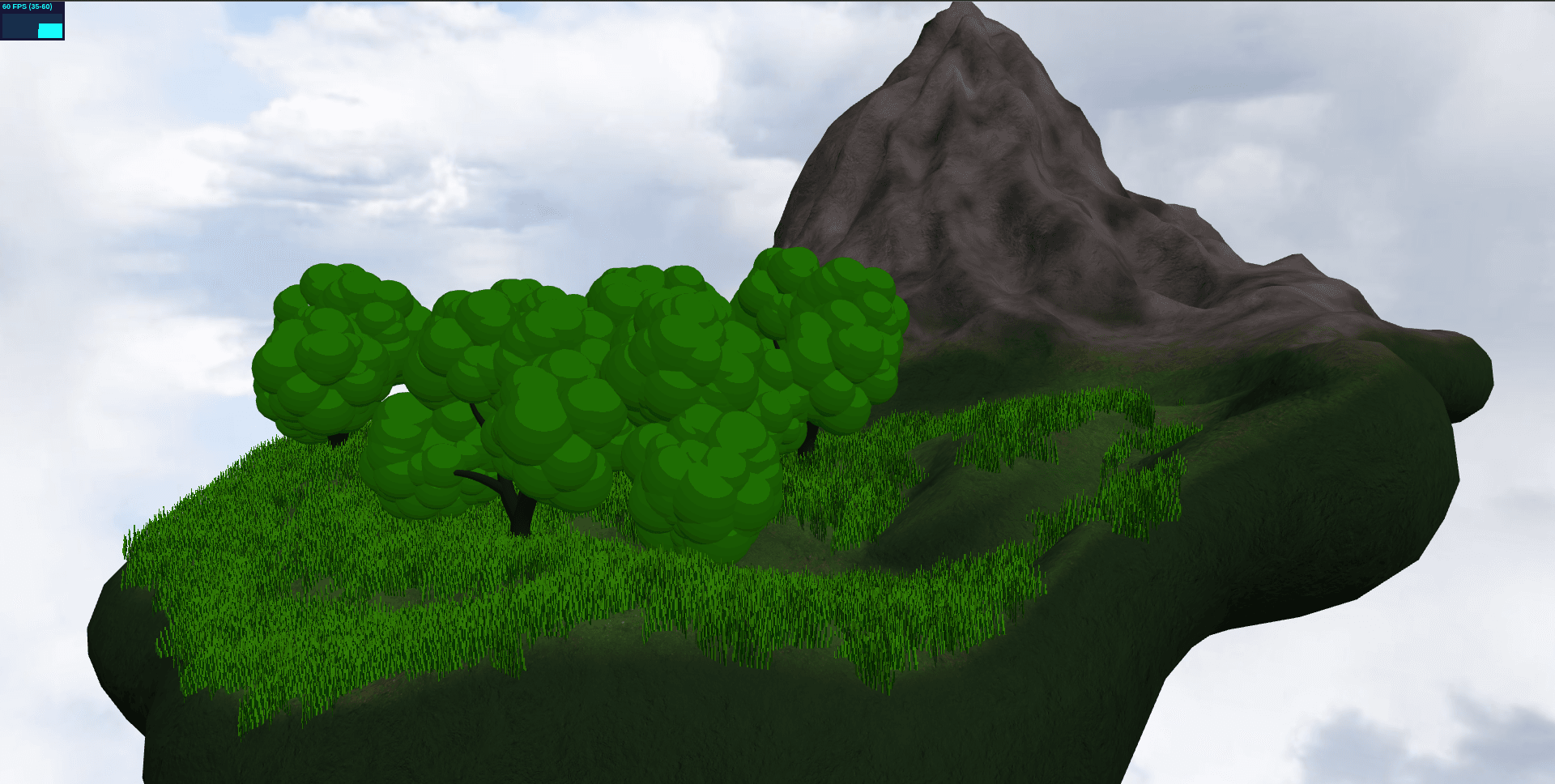 A screenshot of the 3D world in the browser showing a floating island with clouds in the background, grass, low-poly trees, a mountain, texturing, and a FPS counter