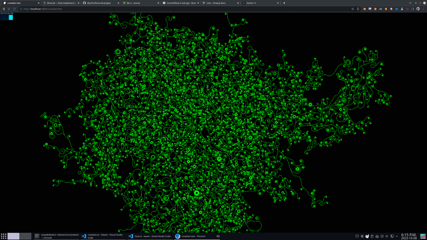 Screenshot showing 2D path generated using the algorithm I designed. The path is a green line which forms an intricate net of curlicues and spirals, densely packed and extending out from the middle of the screen in all directions.