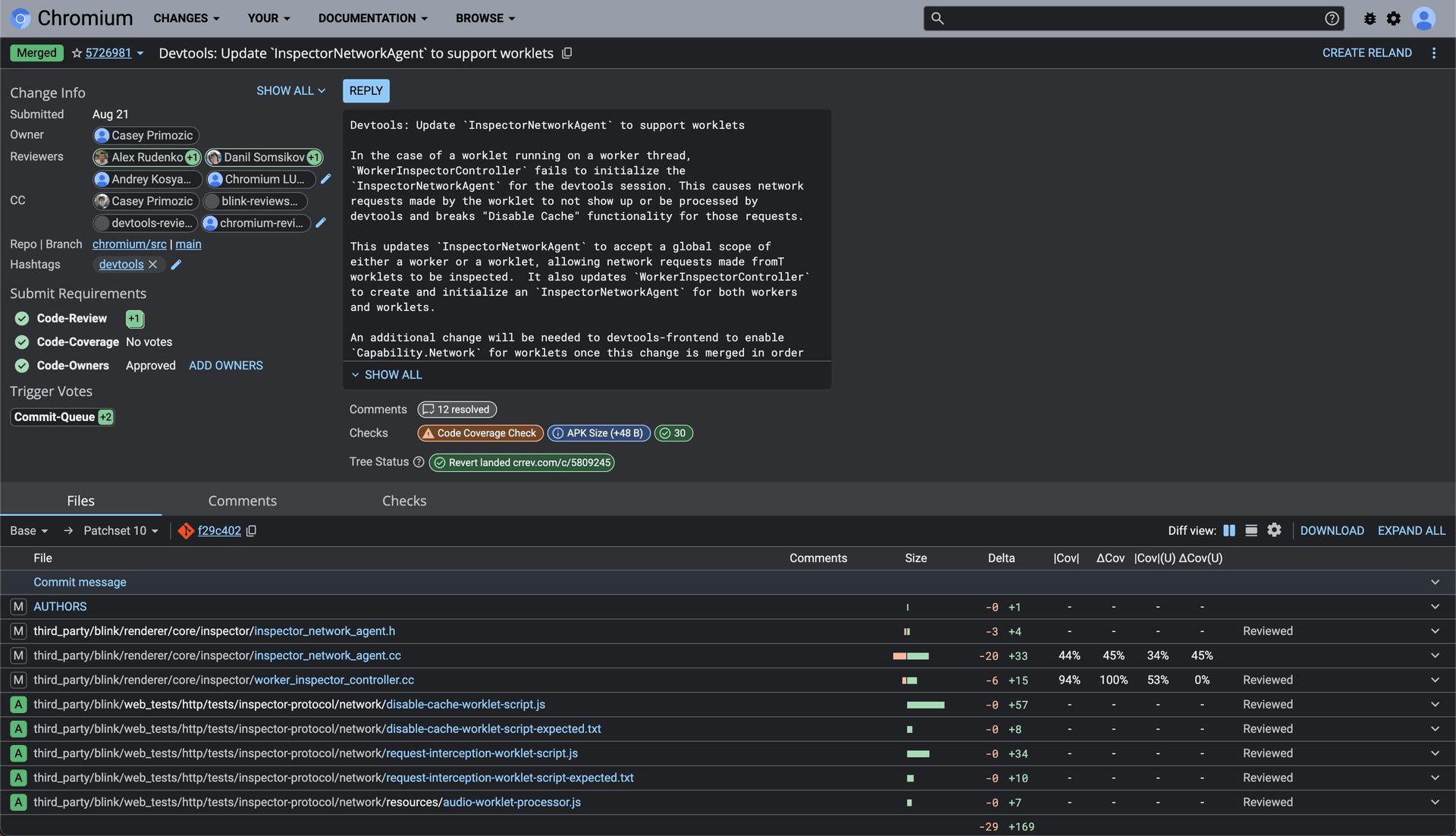 A screenshot of one of the Gerrit code review UIs from one of the pull requests I made to fix the bug in Chromium.  It shows a dark-themed UI with lots of text and fields typical of a code review tool.  It shows the PR name (Devtools: Update `InspectorNetworkAgent` to support worklets), PR description, and list of changed files and diff.  There are some badges containing the names of people who reviewed the code as well as some other badges indicating that the change has been merged.