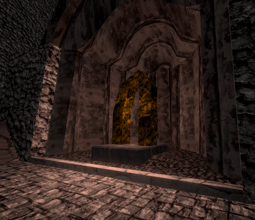 A screenshot from my Three.JS game project showing a shrine with a golden arch surrounded by stone with a staircase on the left