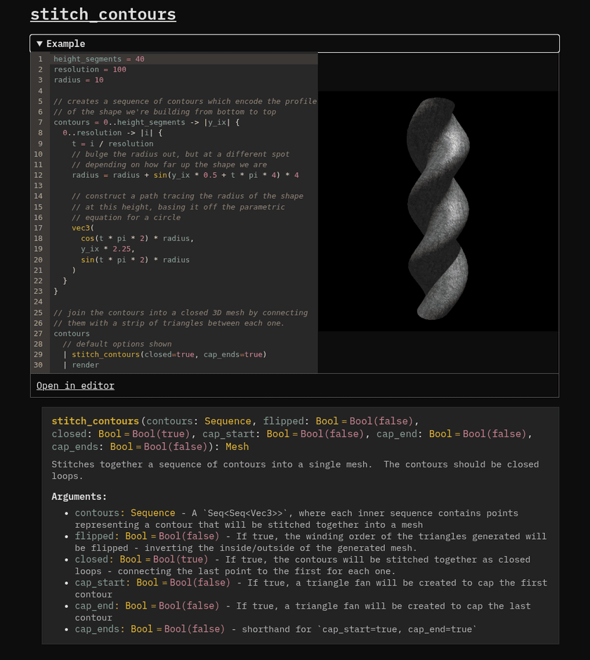 A screenshot of an inline example from the Geotoy docs.  It shows the Geoscript source code used to generate a helix-like shape, a screenshot of the shape it outputs, and a link to open it in the full Geotoy editor.