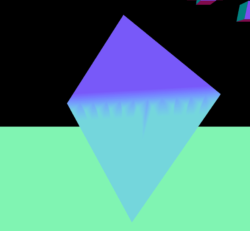 A screenshot of a mesh rendered with Three.JS using the MeshNormalMaterial.  It is composed of two subdivided triangles sharing an edge, and has normals computed with smooth shading.  There are prominent artifacts that look like a zigzag along one side of the border where the color seems to bleed over from the other face.